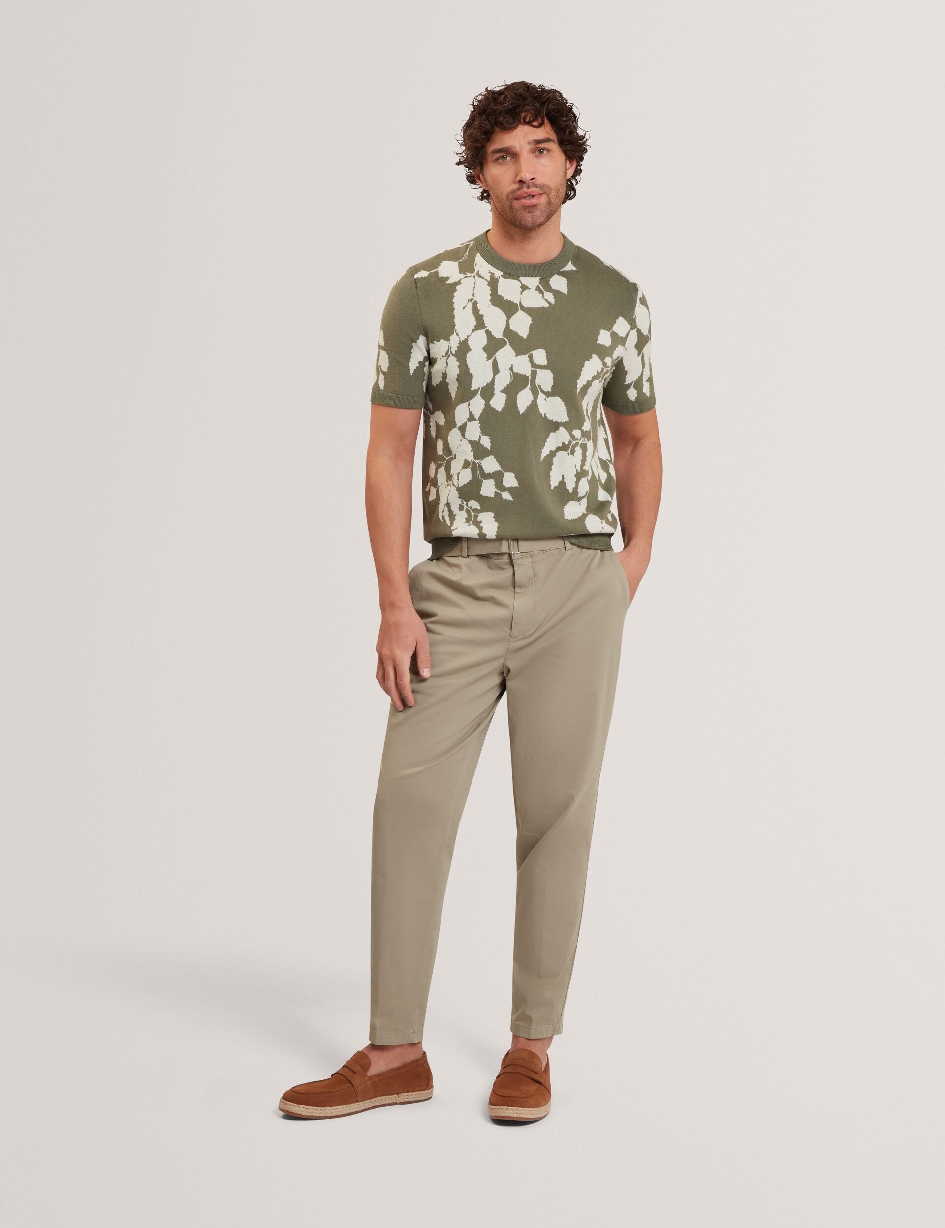 Ted Baker ALDDAT Foliage Print Cotton Fine Knit T-Shirt PALE GREEN
