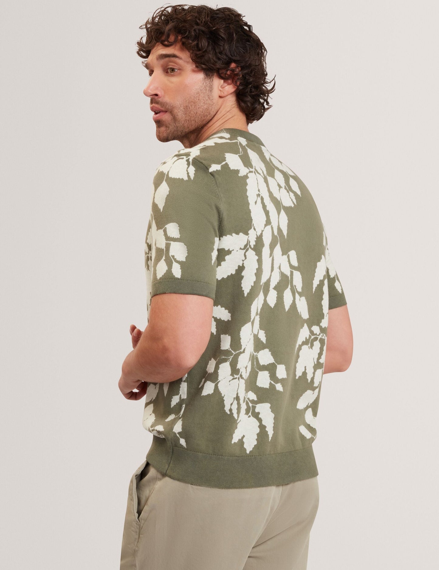Ted Baker ALDDAT Foliage Print Cotton Fine Knit T-Shirt PALE GREEN