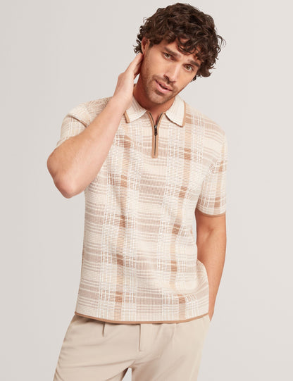 Ted Baker HALPIRT Checked Zip Neck Cotton Knit Polo TAUPE