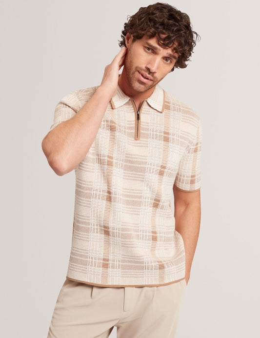 Ted Baker HALPIRT Checked Zip Neck Cotton Knit Polo TAUPE