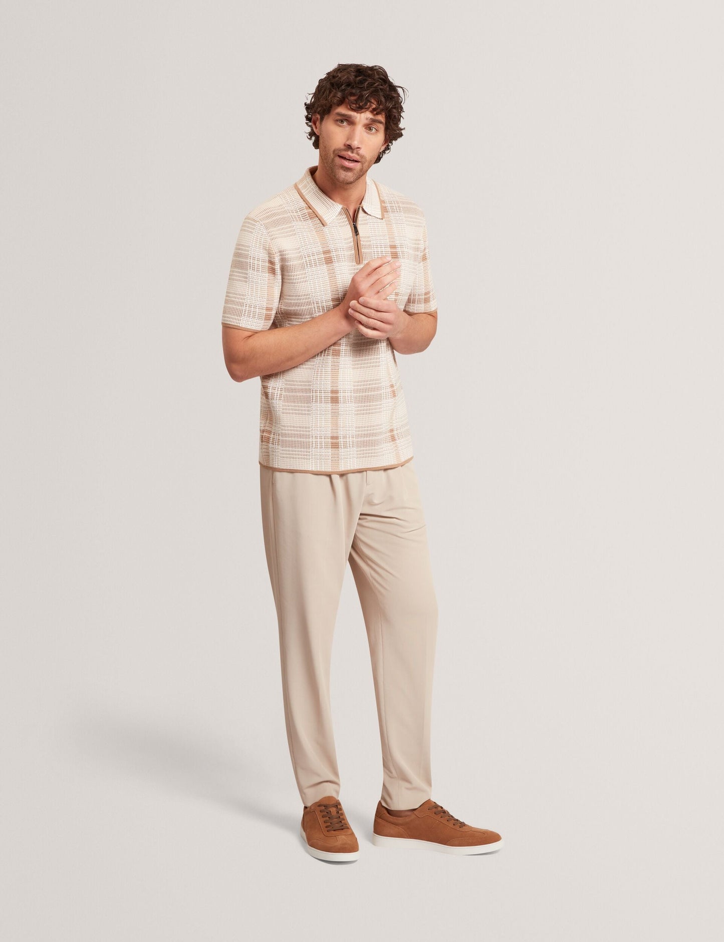 Ted Baker HALPIRT Checked Zip Neck Cotton Knit Polo TAUPE