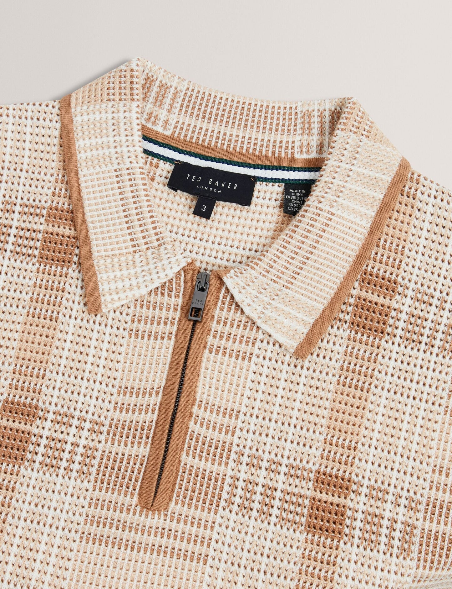 Ted Baker HALPIRT Checked Zip Neck Cotton Knit Polo TAUPE