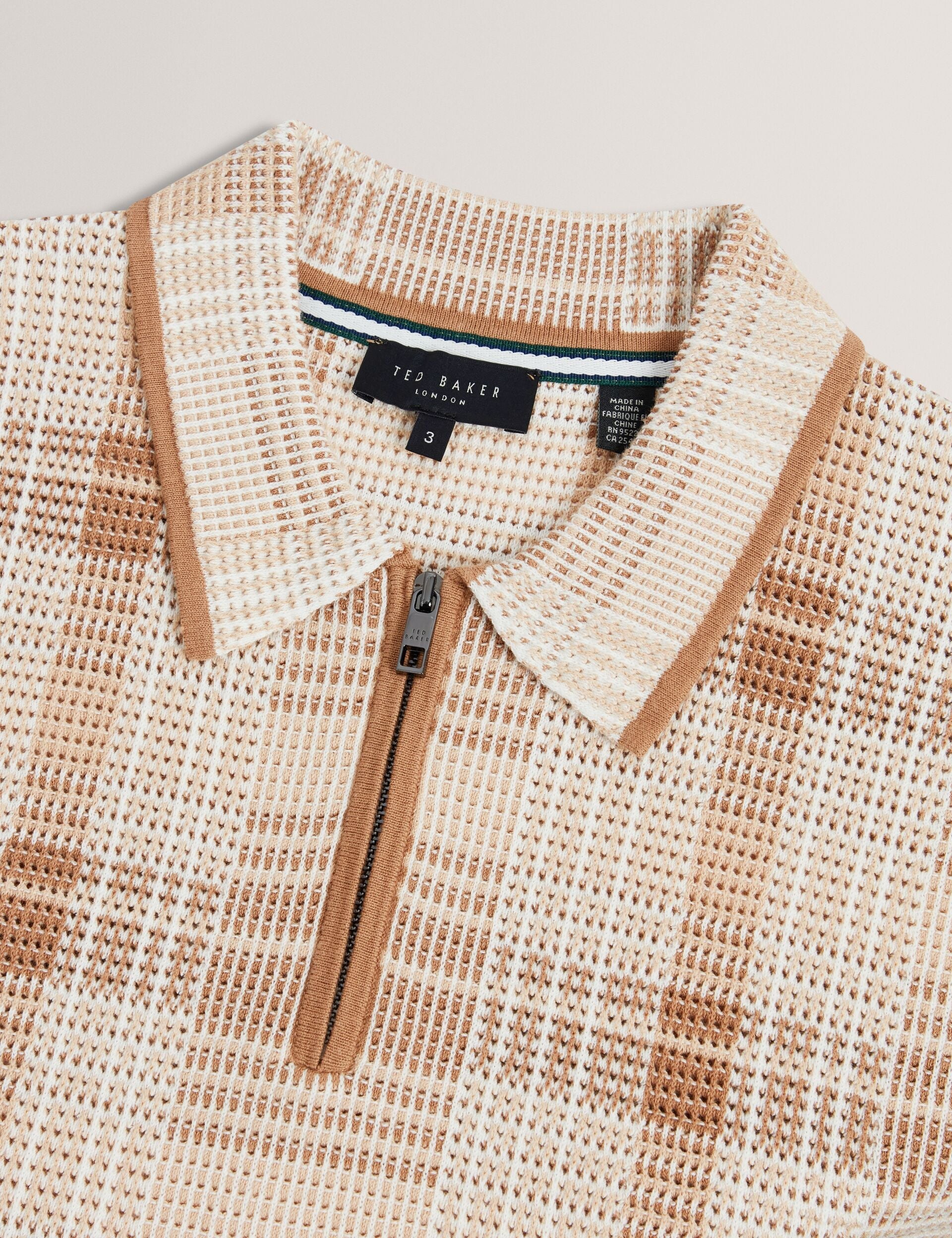 Ted Baker HALPIRT Checked Zip Neck Cotton Knit Polo TAUPE
