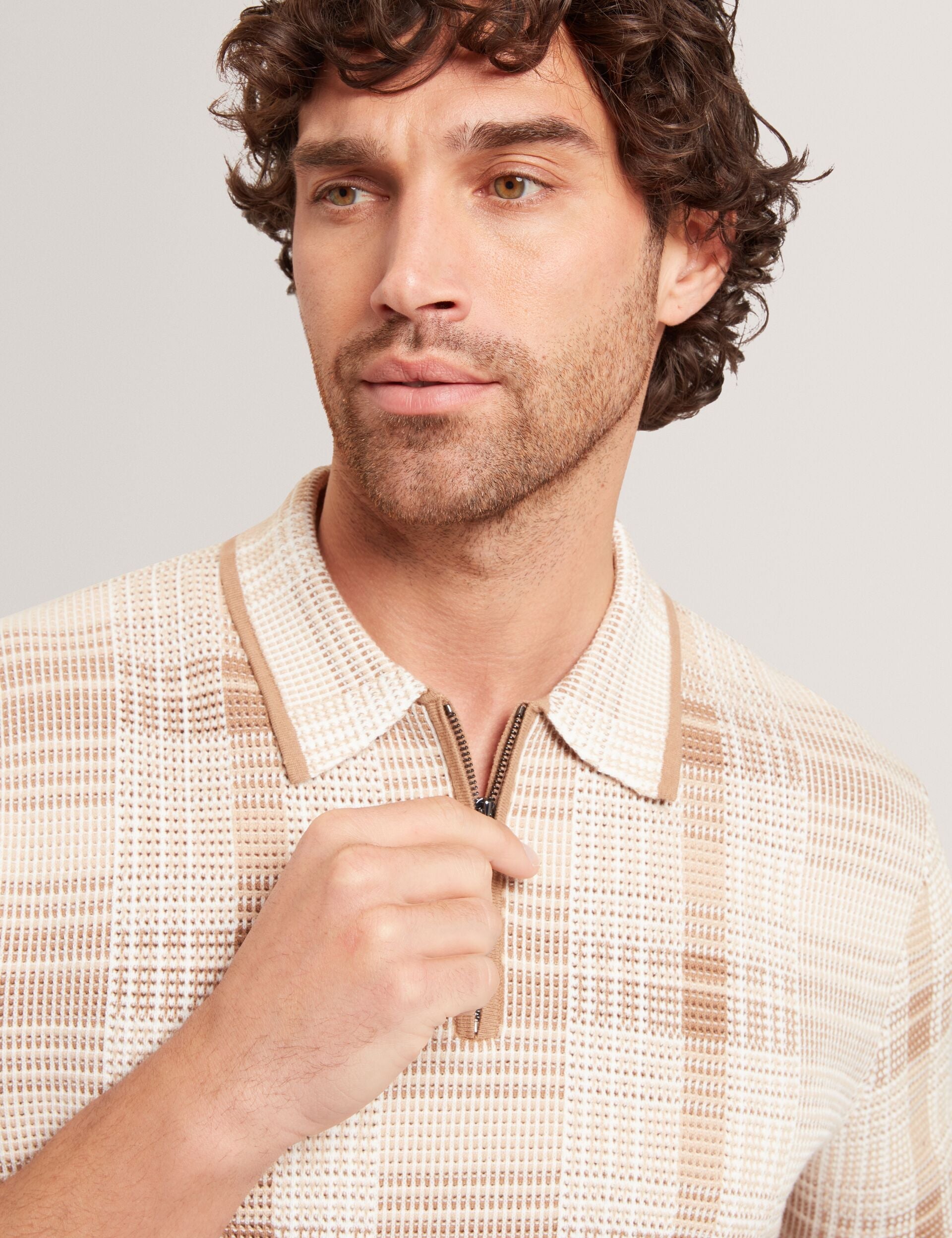 Ted Baker HALPIRT Checked Zip Neck Cotton Knit Polo TAUPE