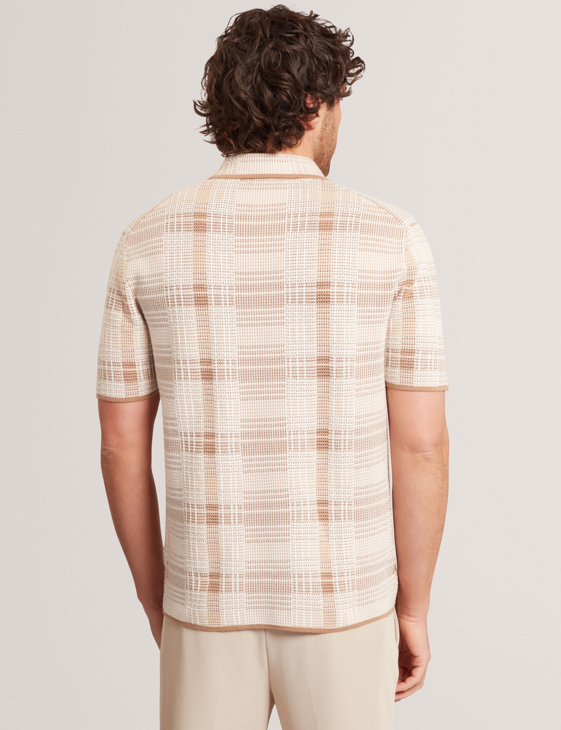 Ted Baker HALPIRT Checked Zip Neck Cotton Knit Polo TAUPE