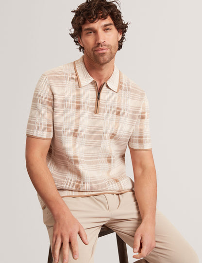 Ted Baker HALPIRT Checked Zip Neck Cotton Knit Polo TAUPE