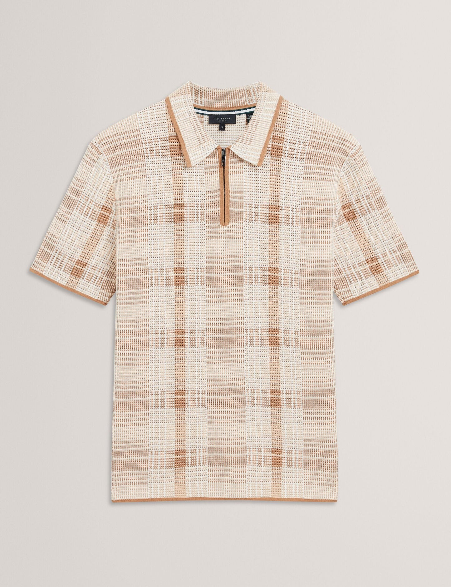 Ted Baker HALPIRT Checked Zip Neck Cotton Knit Polo TAUPE