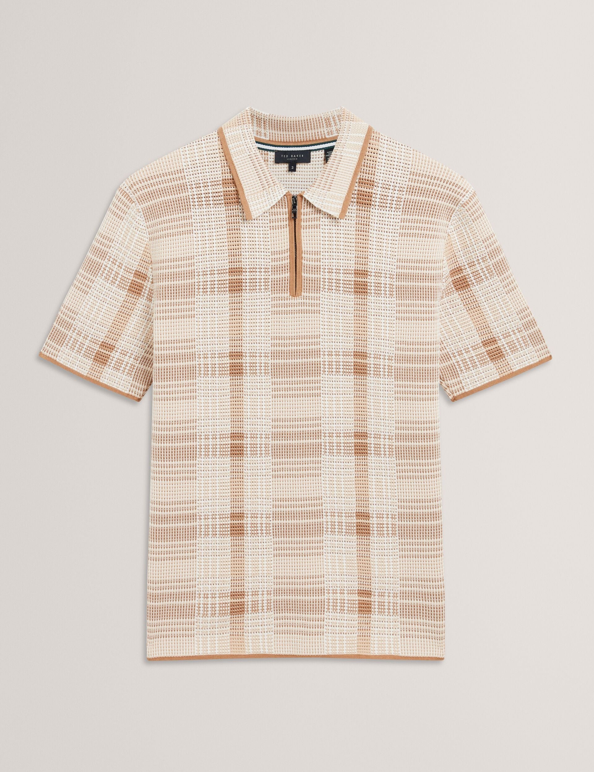 Ted Baker HALPIRT Checked Zip Neck Cotton Knit Polo TAUPE