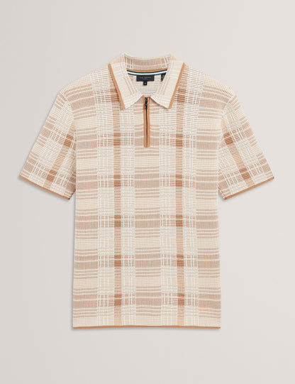 Ted Baker HALPIRT Checked Zip Neck Cotton Knit Polo TAUPE