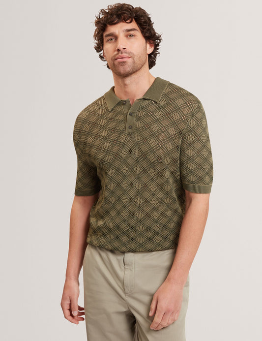 Ted Baker HELME Geometric Open Knit Short Sleeve Polo KHAKI