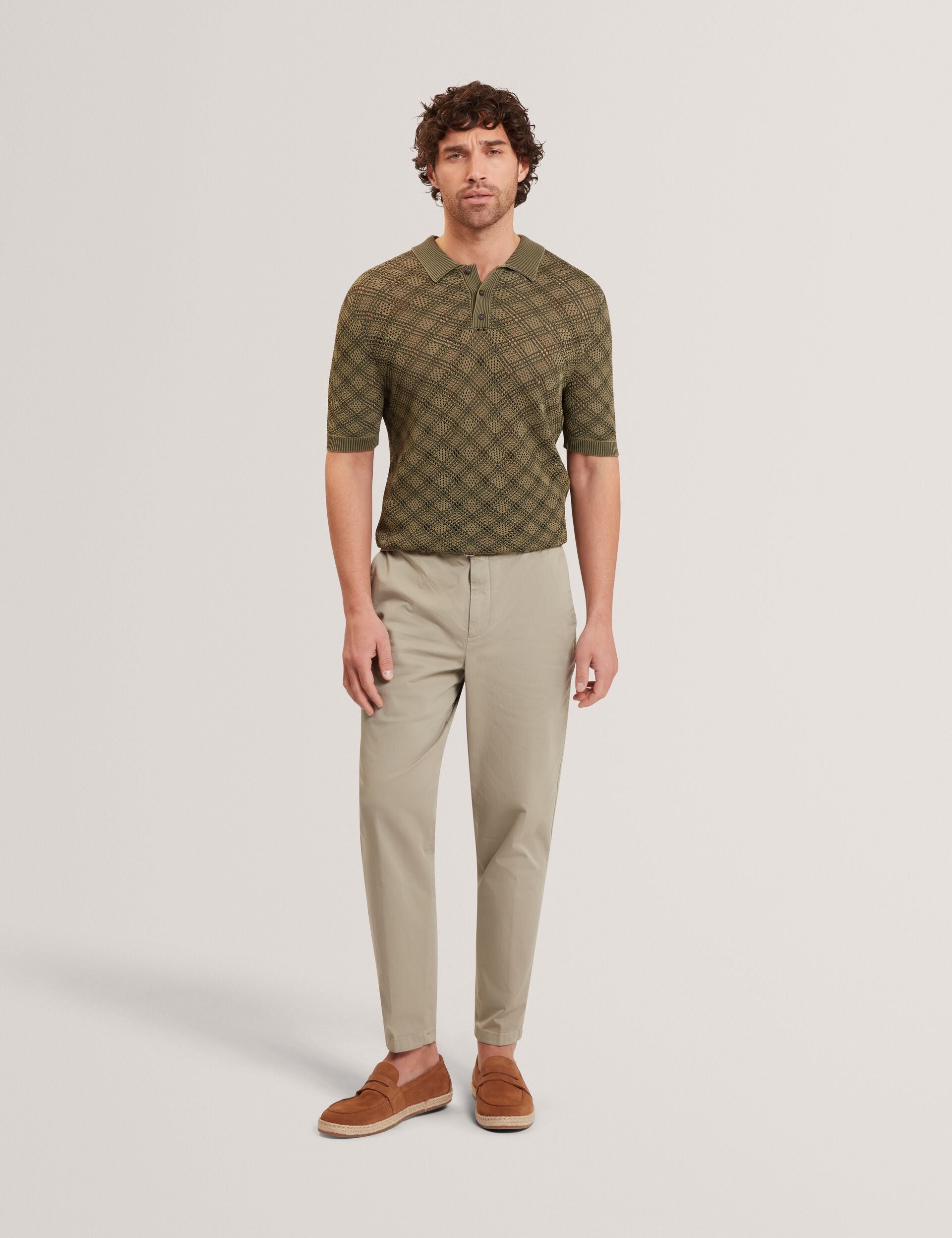 Ted Baker HELME Geometric Open Knit Short Sleeve Polo KHAKI