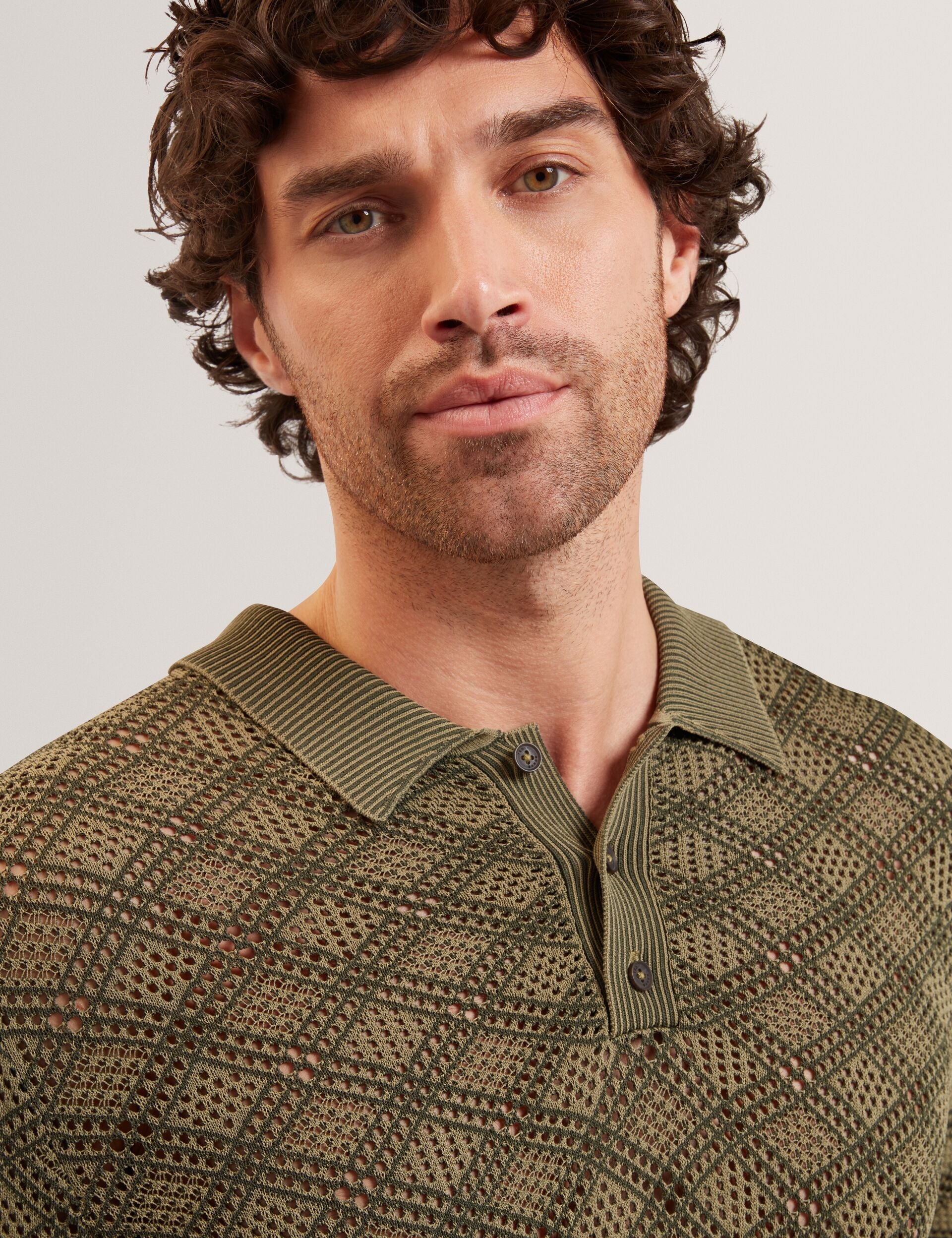 Ted Baker HELME Geometric Open Knit Short Sleeve Polo KHAKI