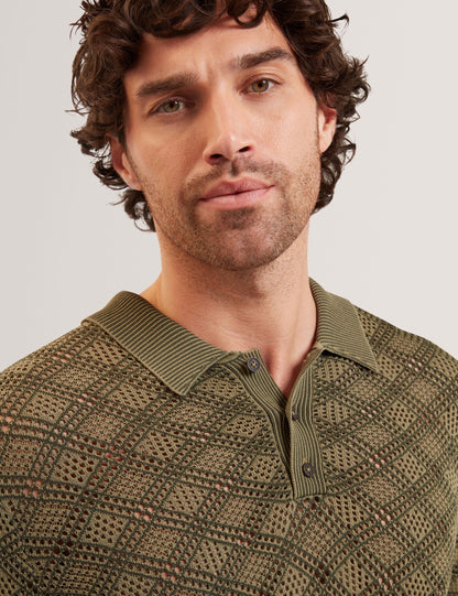 Ted Baker HELME Geometric Open Knit Short Sleeve Polo KHAKI