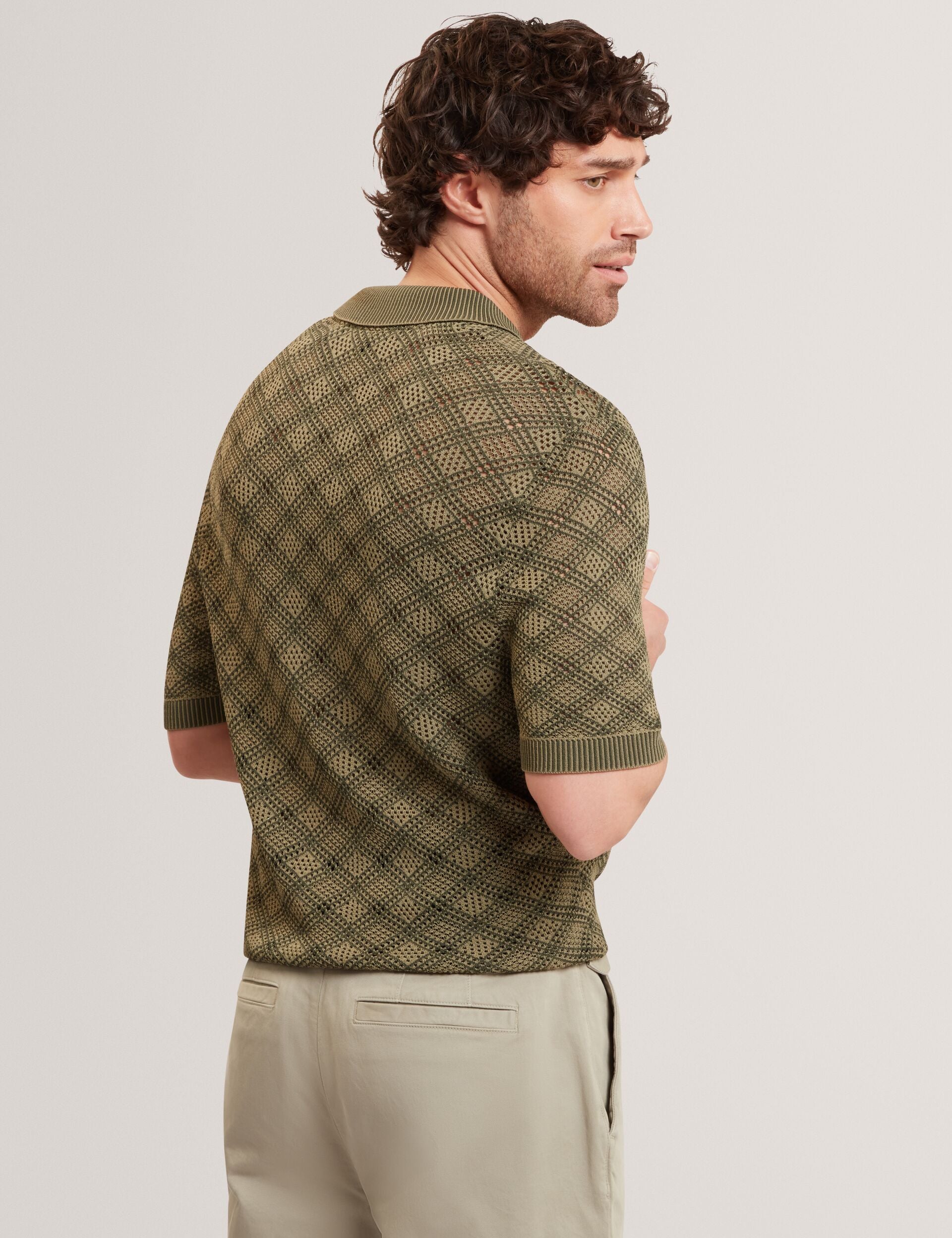 Ted Baker HELME Geometric Open Knit Short Sleeve Polo KHAKI