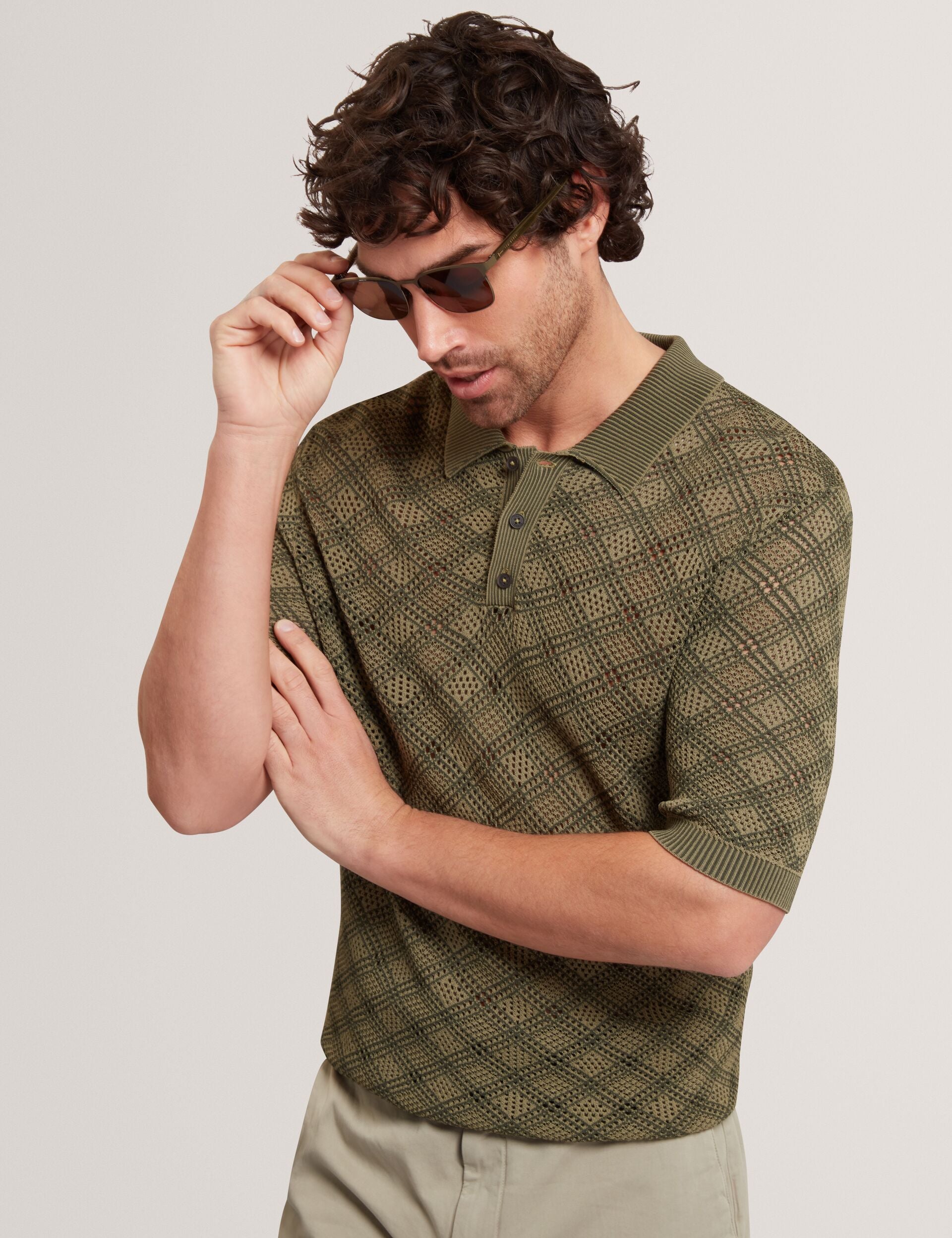 Ted Baker HELME Geometric Open Knit Short Sleeve Polo KHAKI