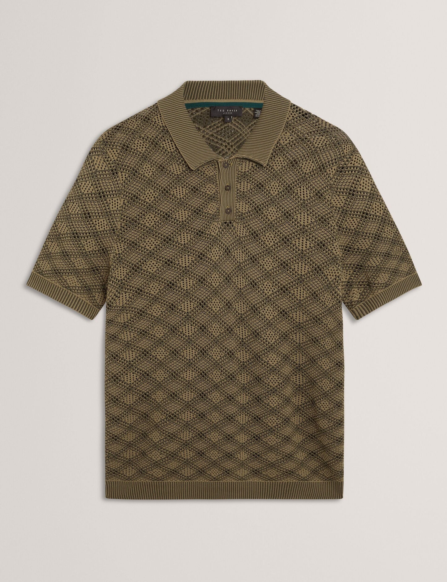 Ted Baker HELME Geometric Open Knit Short Sleeve Polo KHAKI