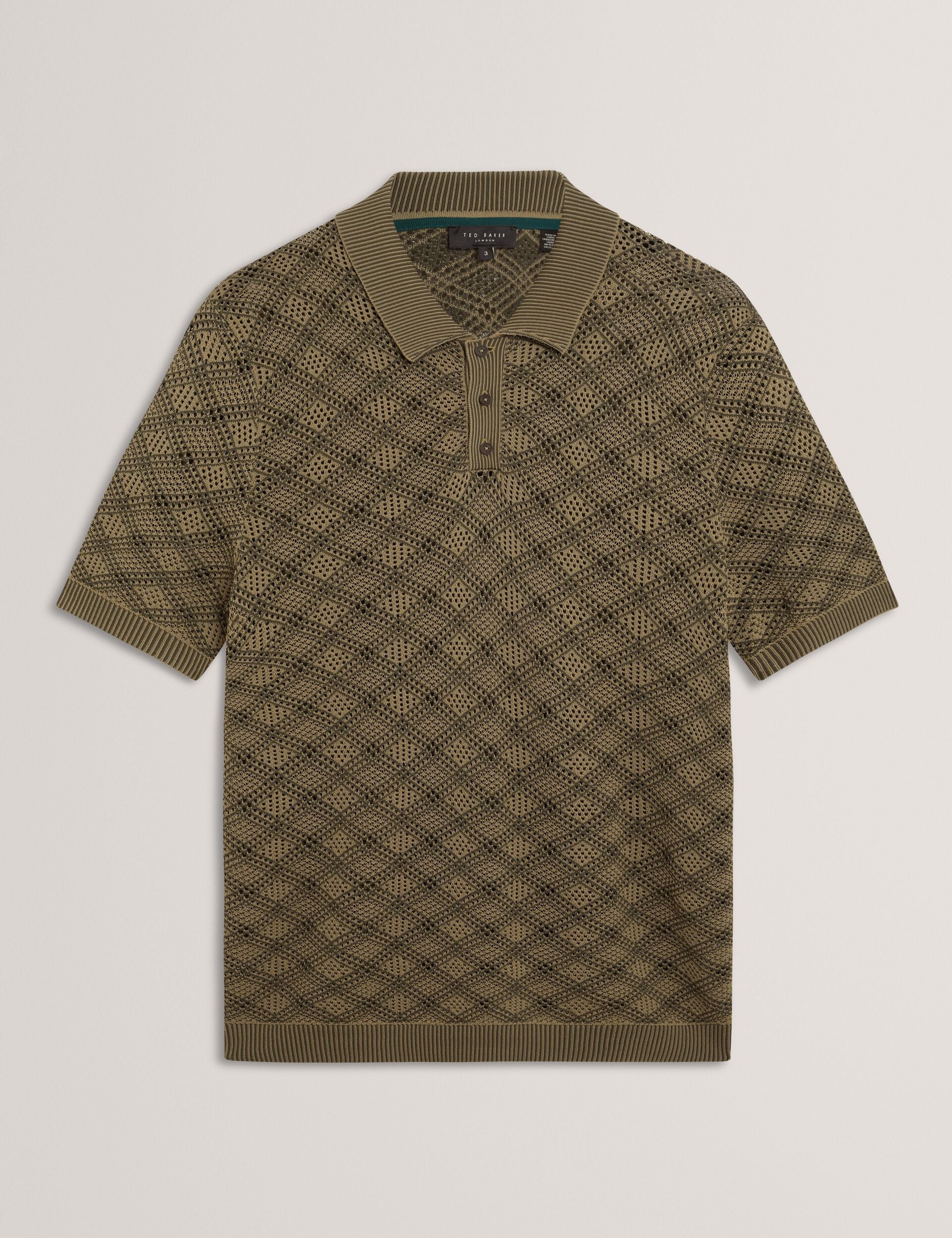 Ted Baker HELME Geometric Open Knit Short Sleeve Polo KHAKI