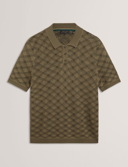 Ted Baker HELME Geometric Open Knit Short Sleeve Polo KHAKI