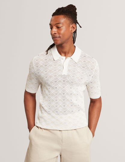 Ted Baker HELME Geometric Open Knit Short Sleeve Polo ECRU