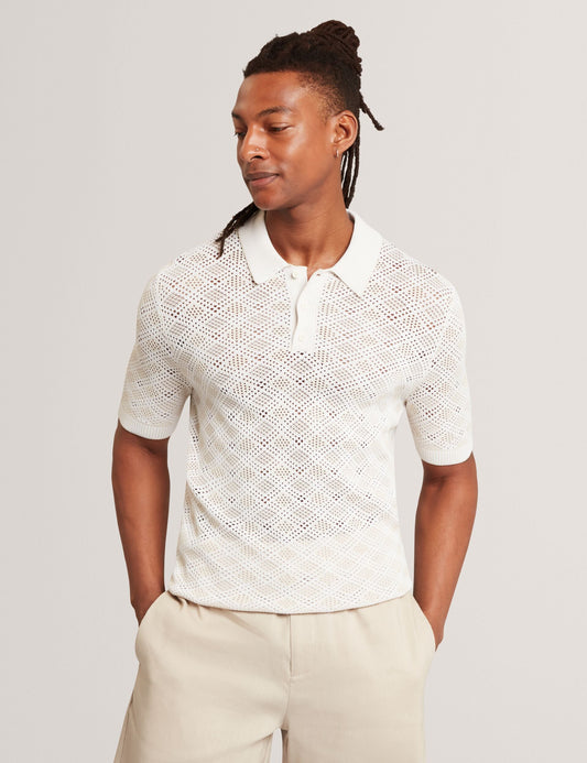 Ted Baker HELME Geometric Open Knit Short Sleeve Polo ECRU