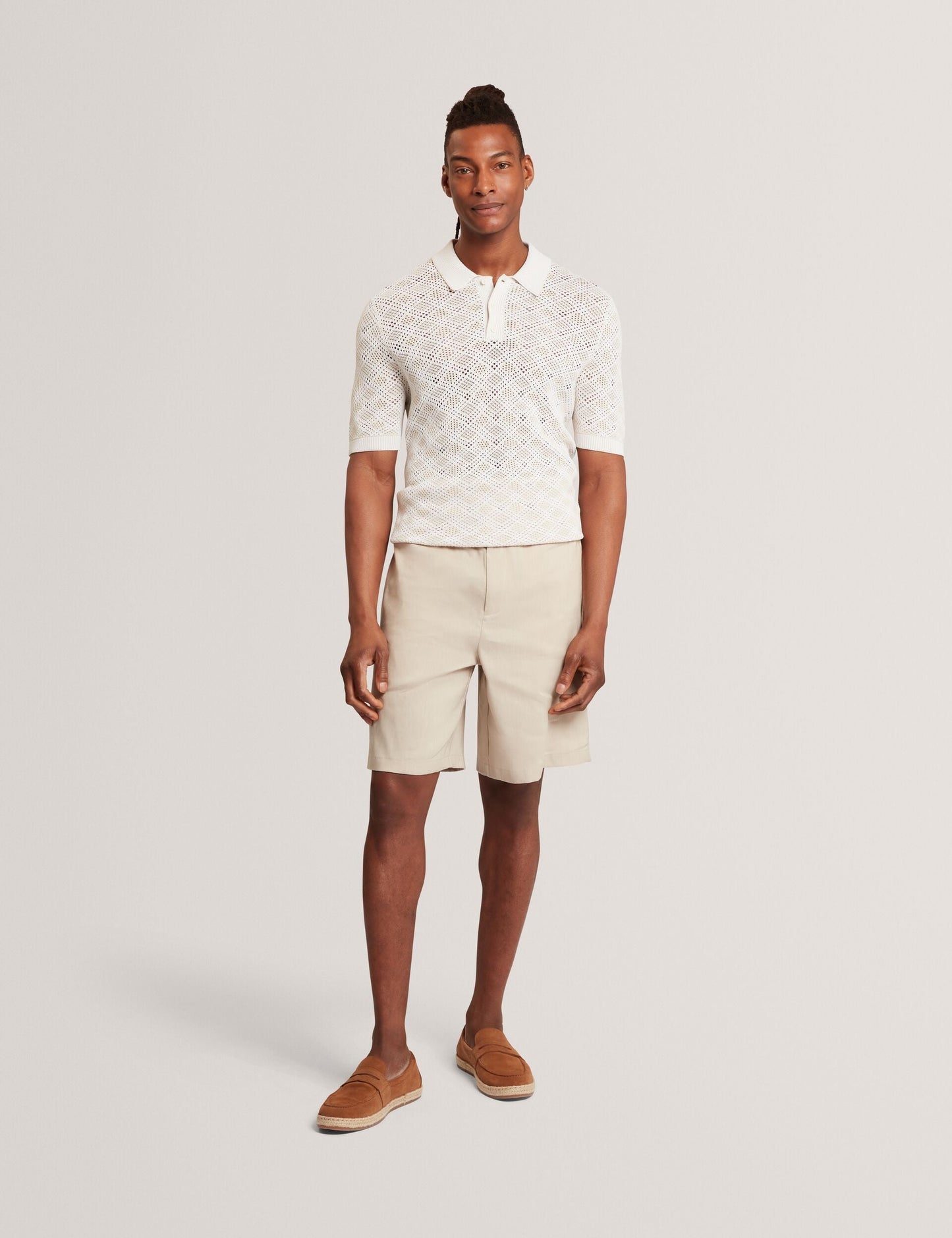 Ted Baker HELME Geometric Open Knit Short Sleeve Polo ECRU