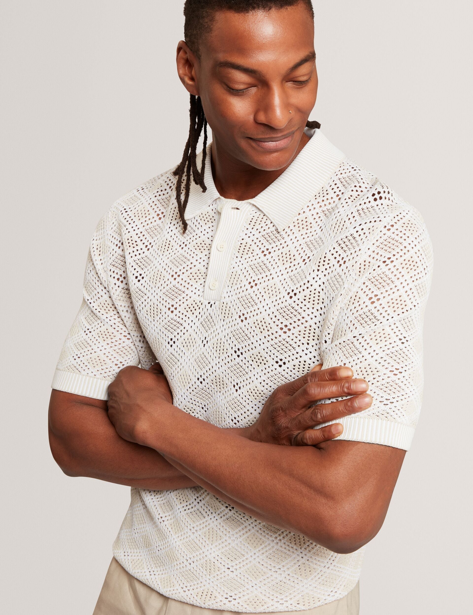 Ted Baker HELME Geometric Open Knit Short Sleeve Polo ECRU