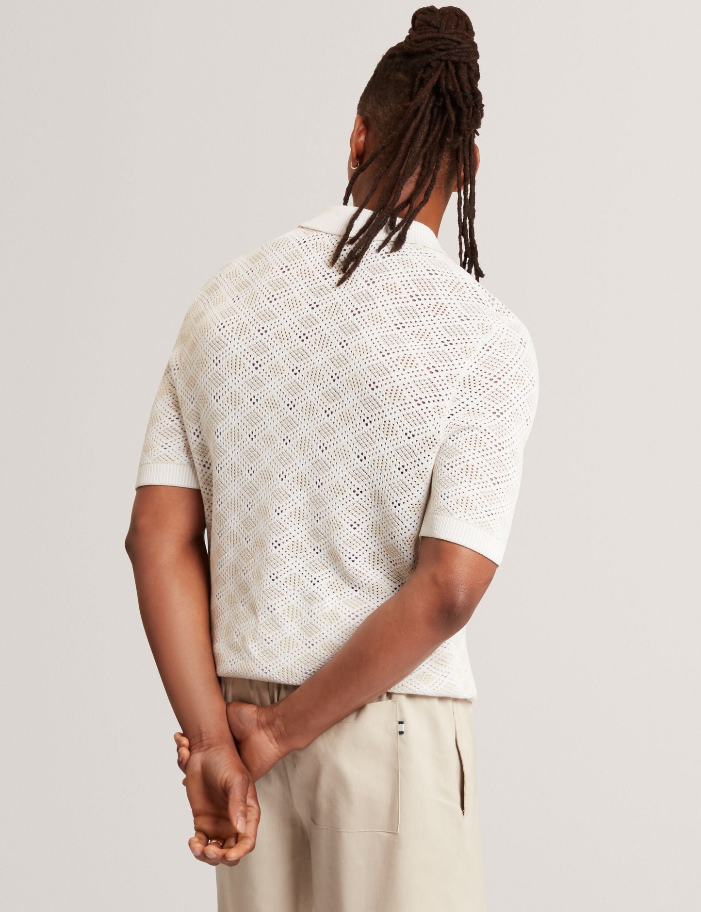 Ted Baker HELME Geometric Open Knit Short Sleeve Polo ECRU