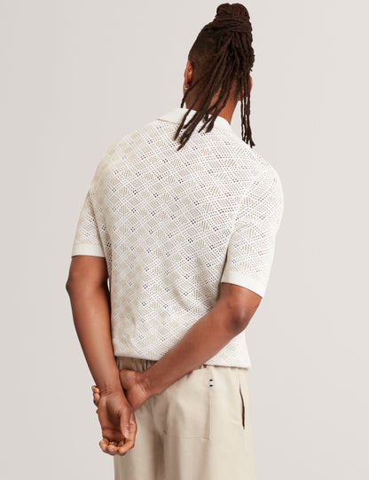 Ted Baker HELME Geometric Open Knit Short Sleeve Polo ECRU