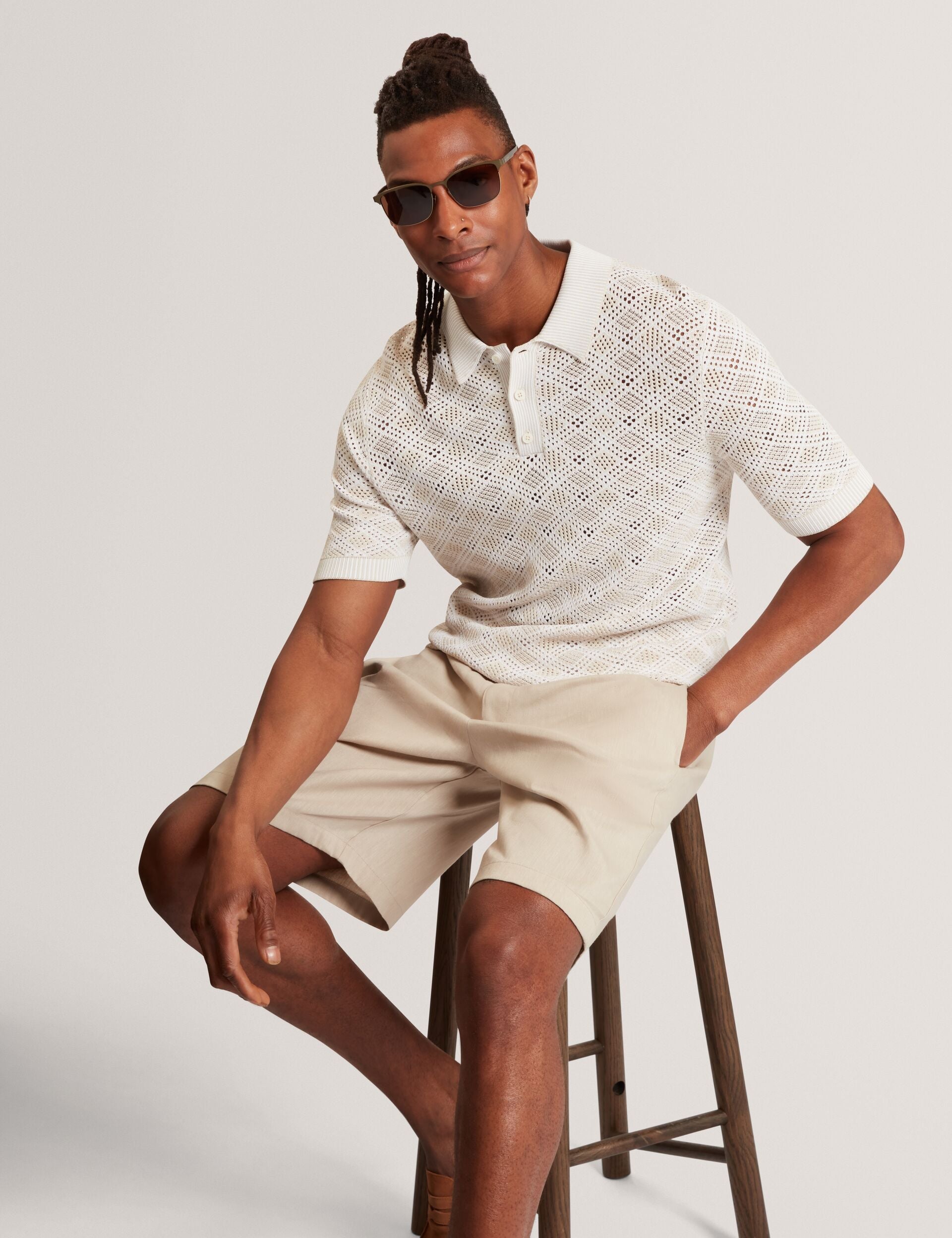 Ted Baker HELME Geometric Open Knit Short Sleeve Polo ECRU