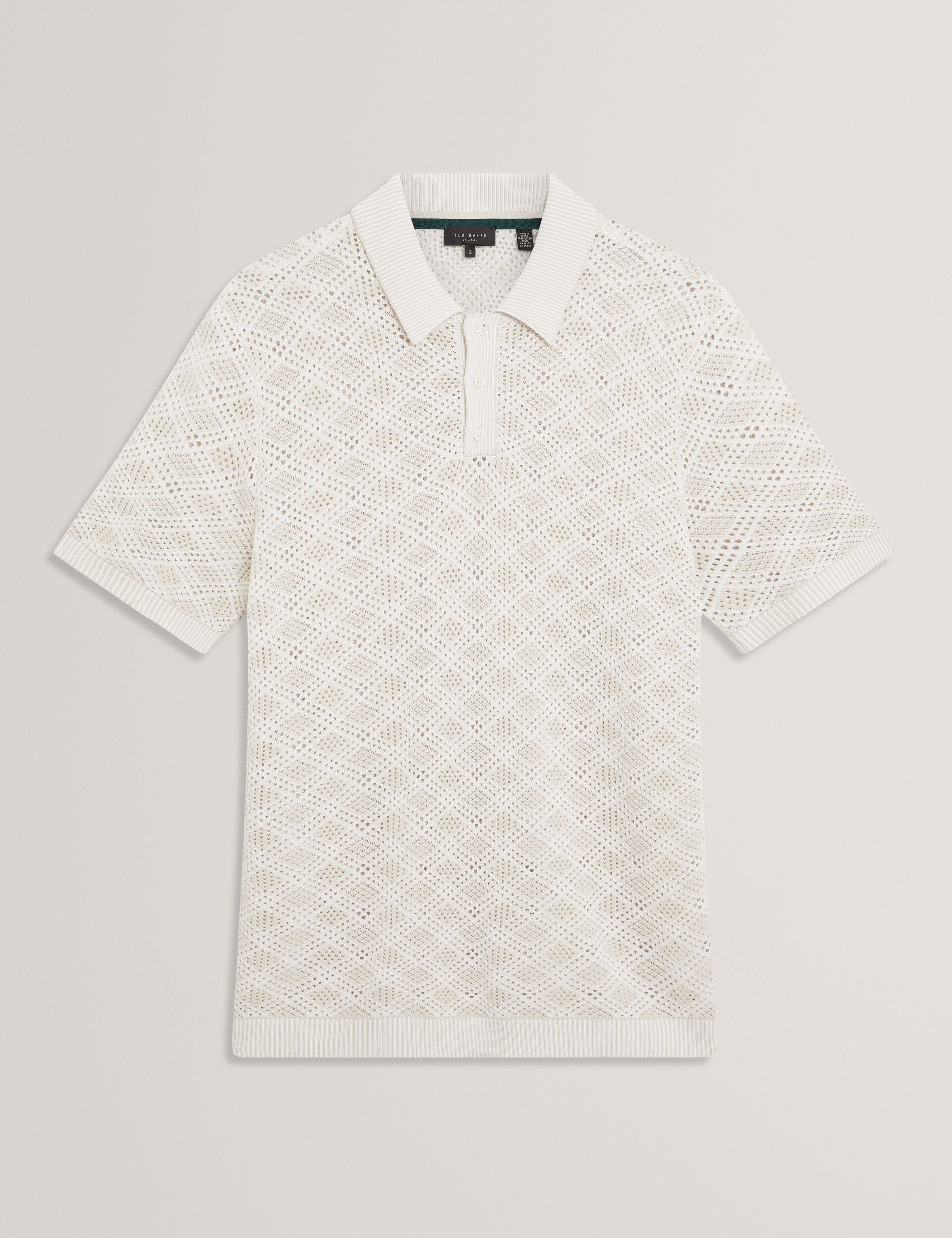 Ted Baker HELME Geometric Open Knit Short Sleeve Polo ECRU