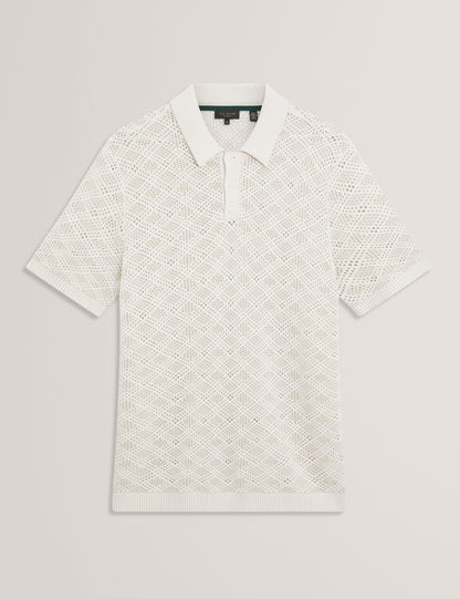 Ted Baker HELME Geometric Open Knit Short Sleeve Polo ECRU