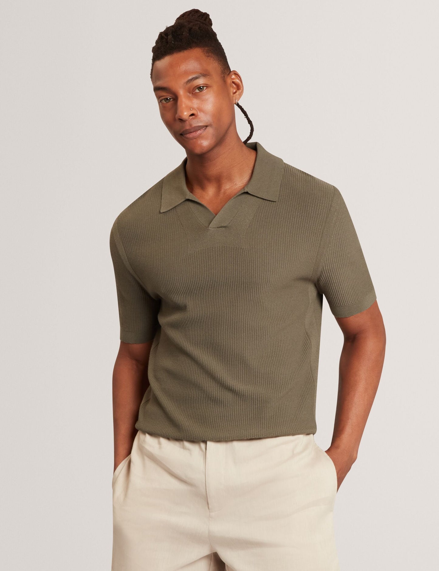 Ted Baker AINDREA Stitched Rib Open Neck Polo Shirt KHAKI
