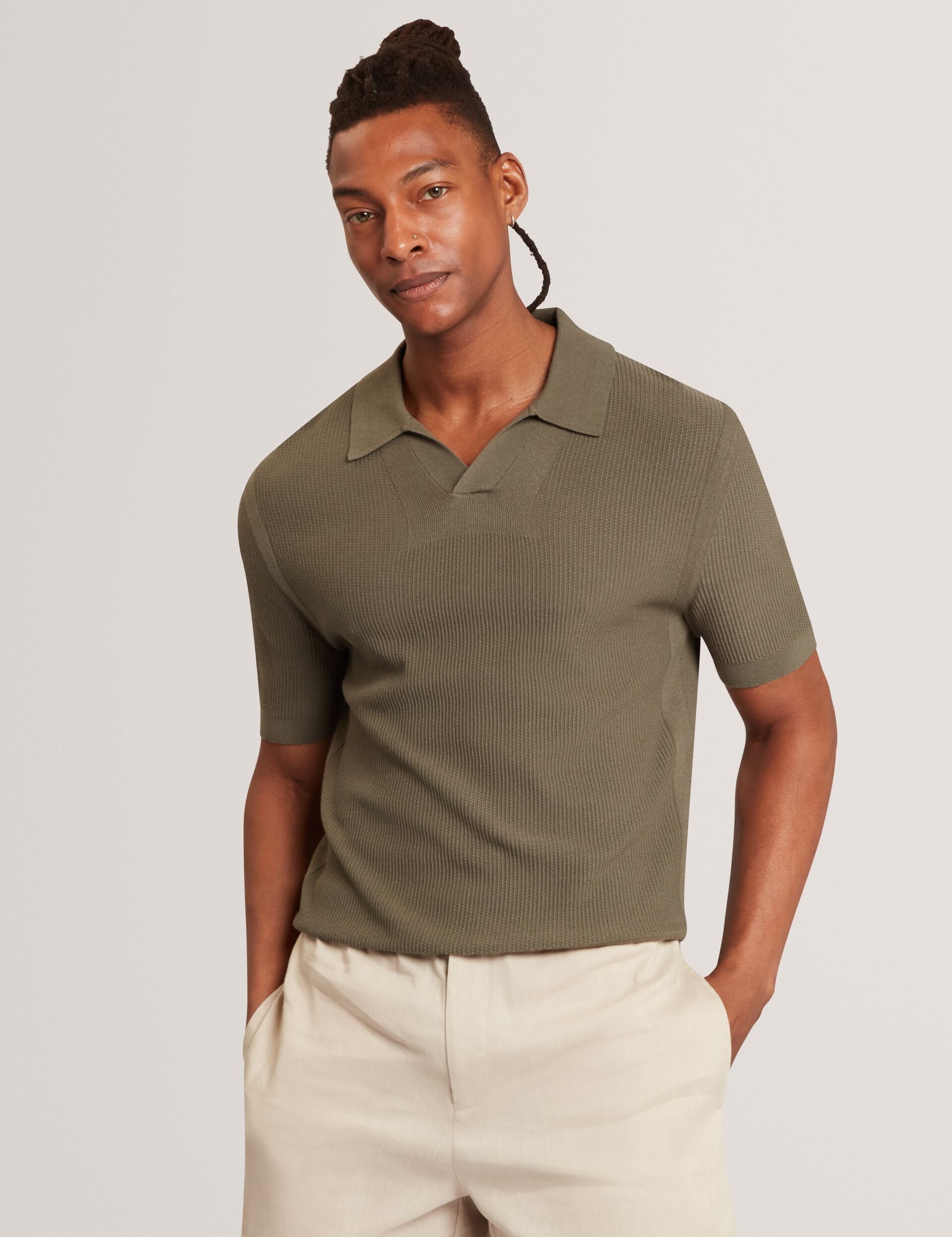 Ted Baker AINDREA Stitched Rib Open Neck Polo Shirt KHAKI