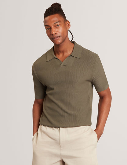 Ted Baker AINDREA Stitched Rib Open Neck Polo Shirt KHAKI
