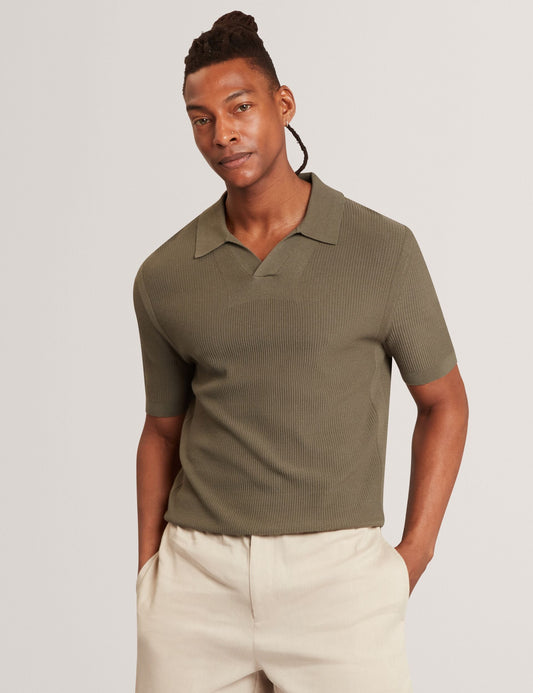 Ted Baker AINDREA Stitched Rib Open Neck Polo Shirt KHAKI