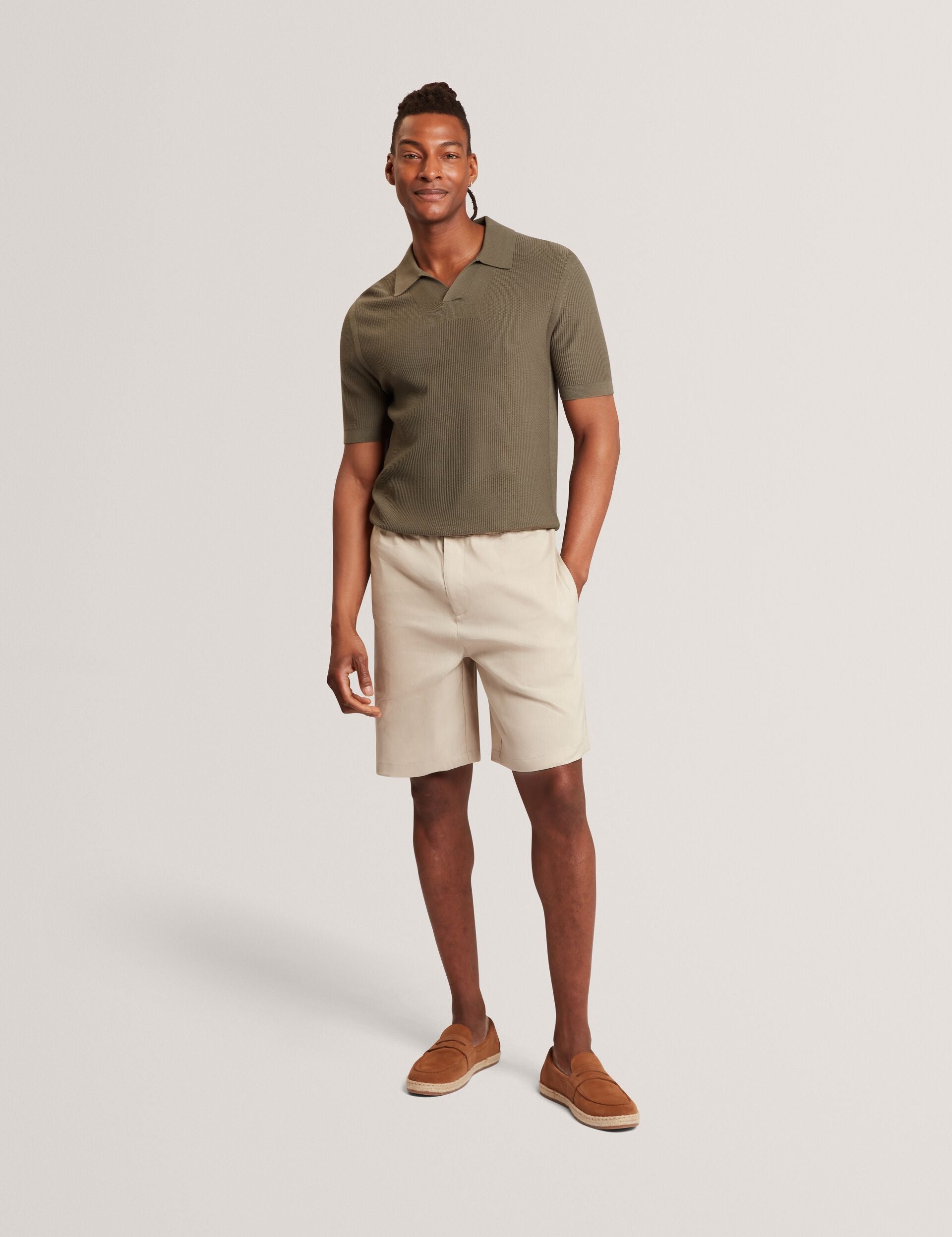 Ted Baker AINDREA Stitched Rib Open Neck Polo Shirt KHAKI