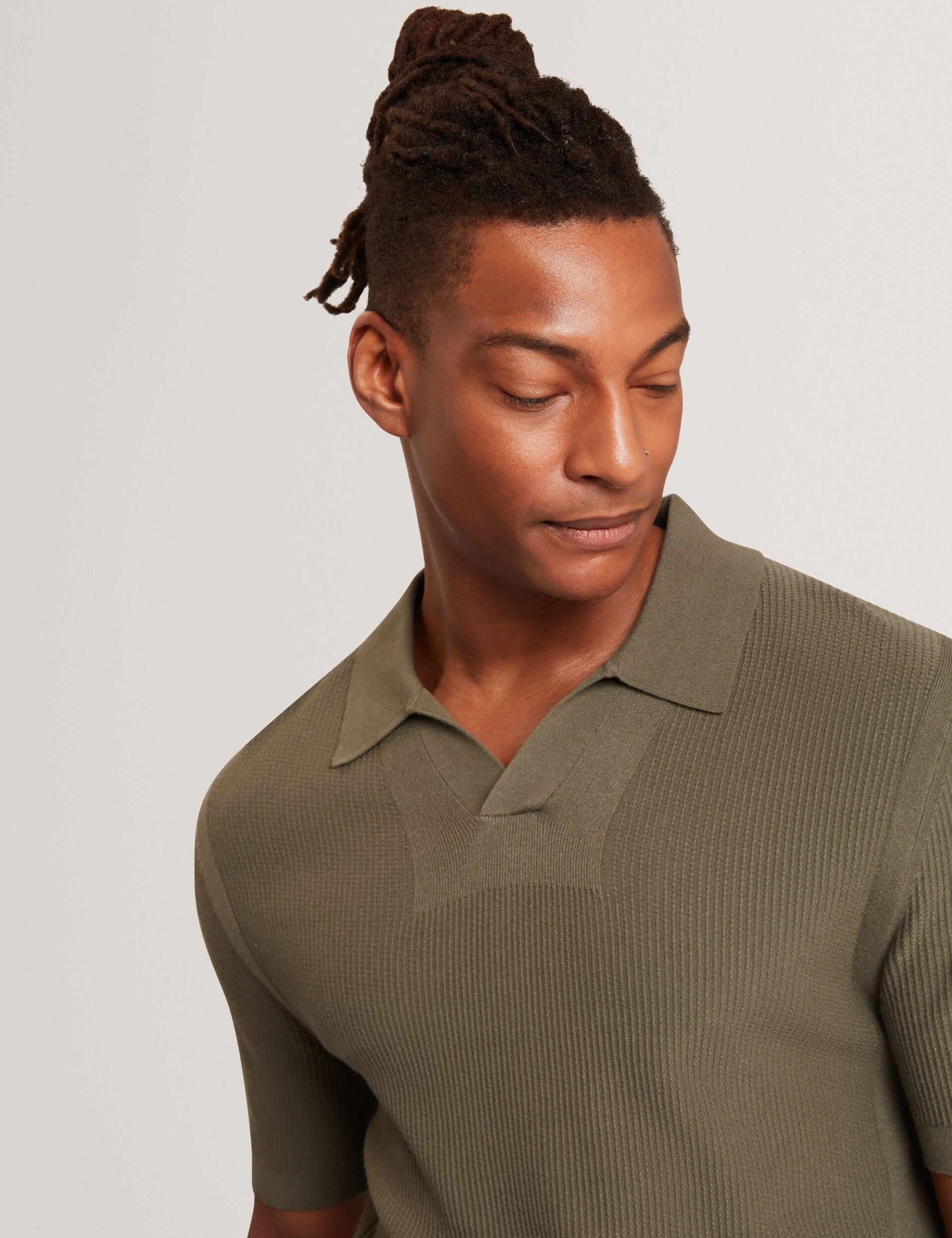 Ted Baker AINDREA Stitched Rib Open Neck Polo Shirt KHAKI