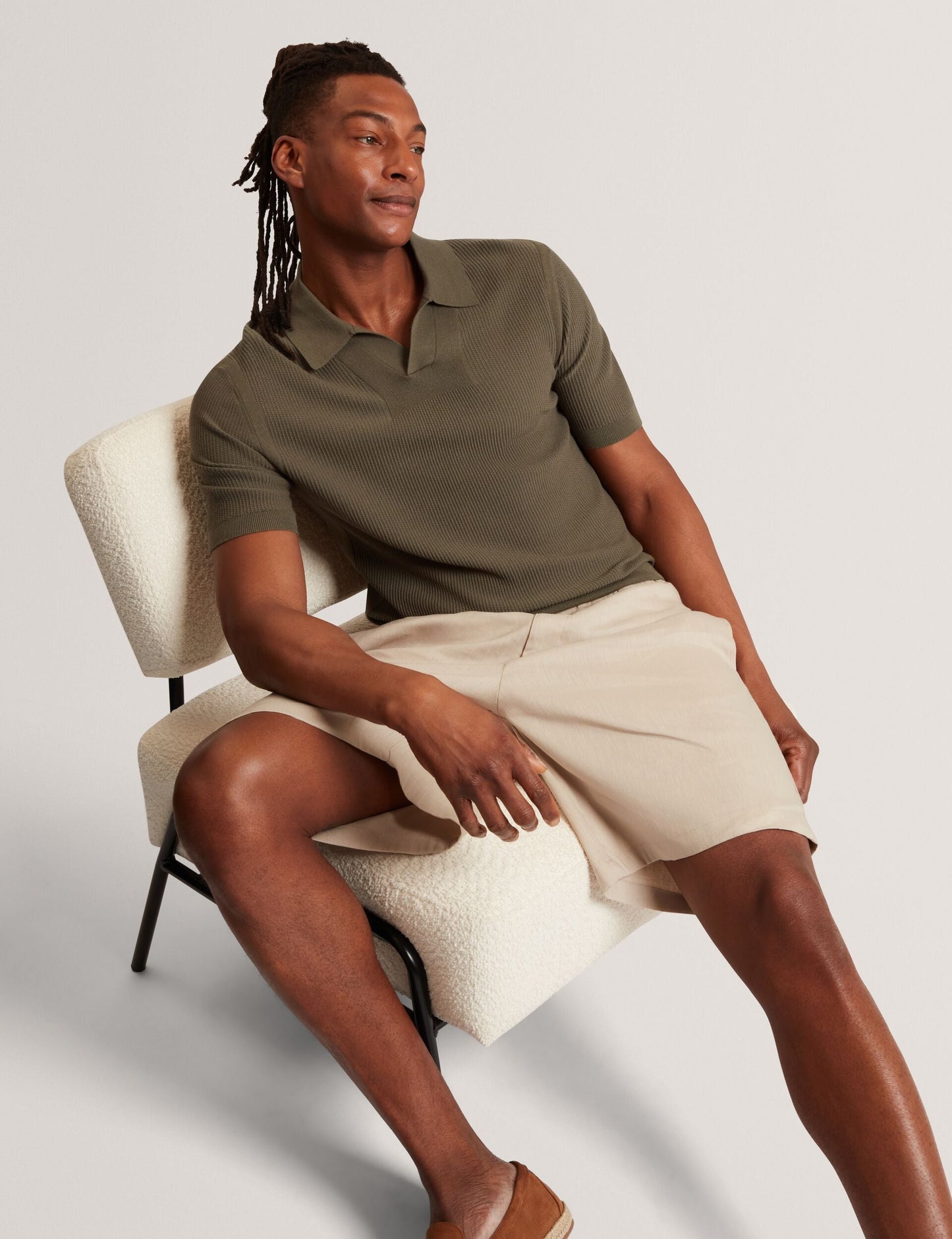 Ted Baker AINDREA Stitched Rib Open Neck Polo Shirt KHAKI