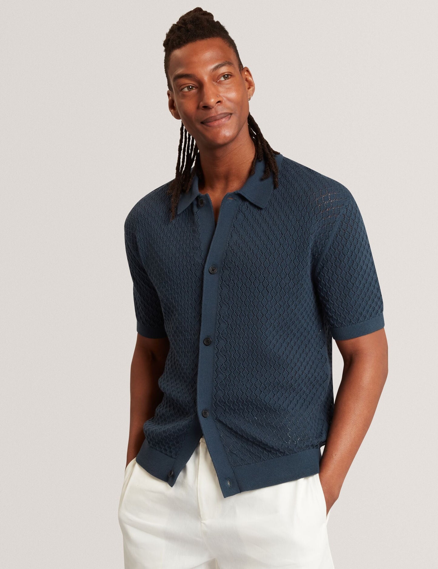 Ted Baker DOMATI Diamond Crochet Knit Short Sleeve Shirt MID NAVY