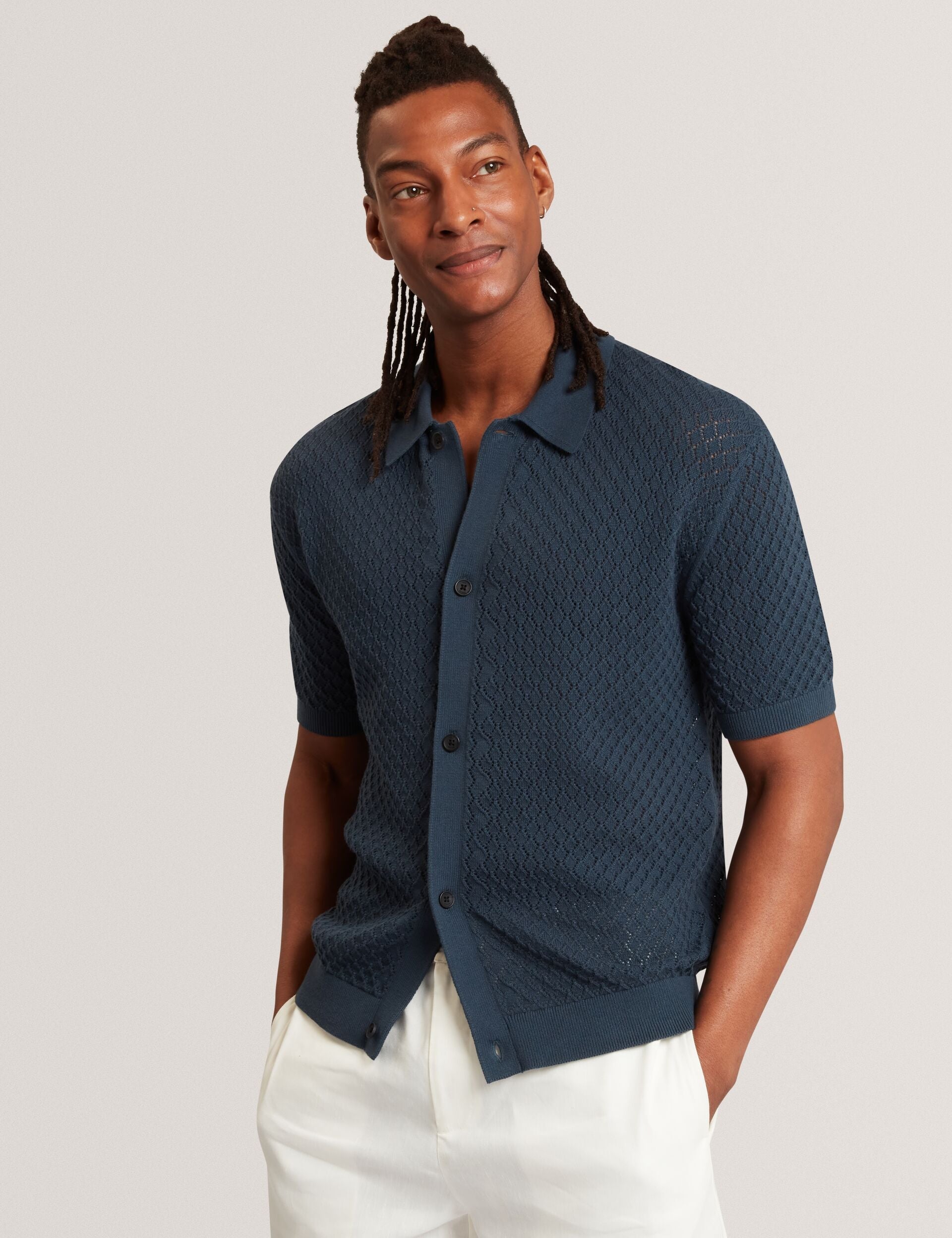 Ted Baker DOMATI Diamond Crochet Knit Short Sleeve Shirt MID NAVY