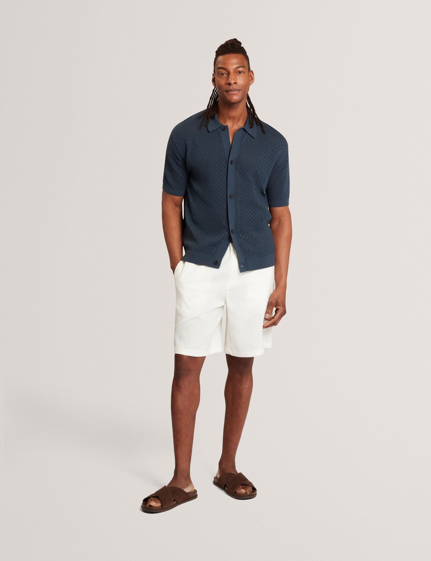 Ted Baker DOMATI Diamond Crochet Knit Short Sleeve Shirt MID NAVY