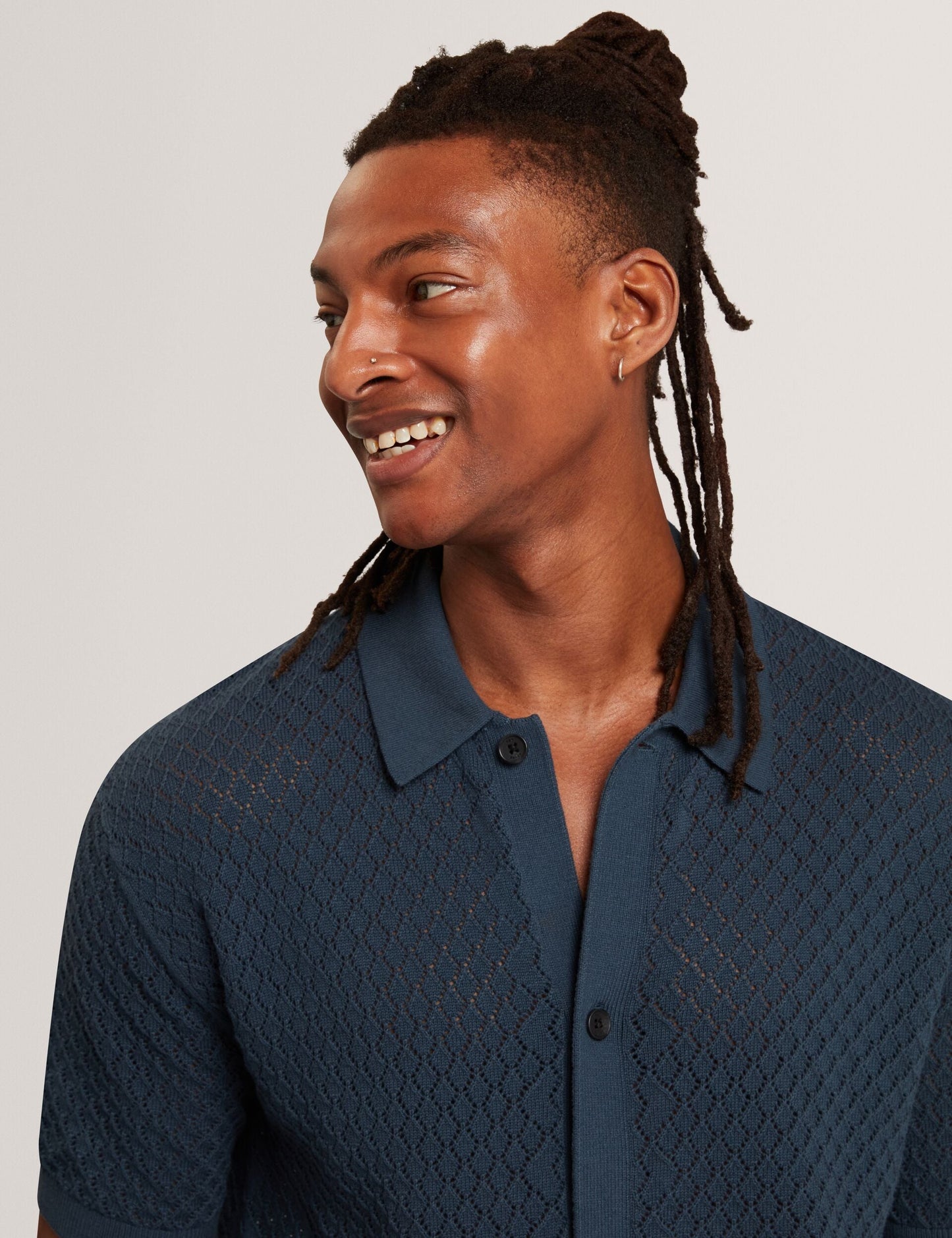 Ted Baker DOMATI Diamond Crochet Knit Short Sleeve Shirt MID NAVY