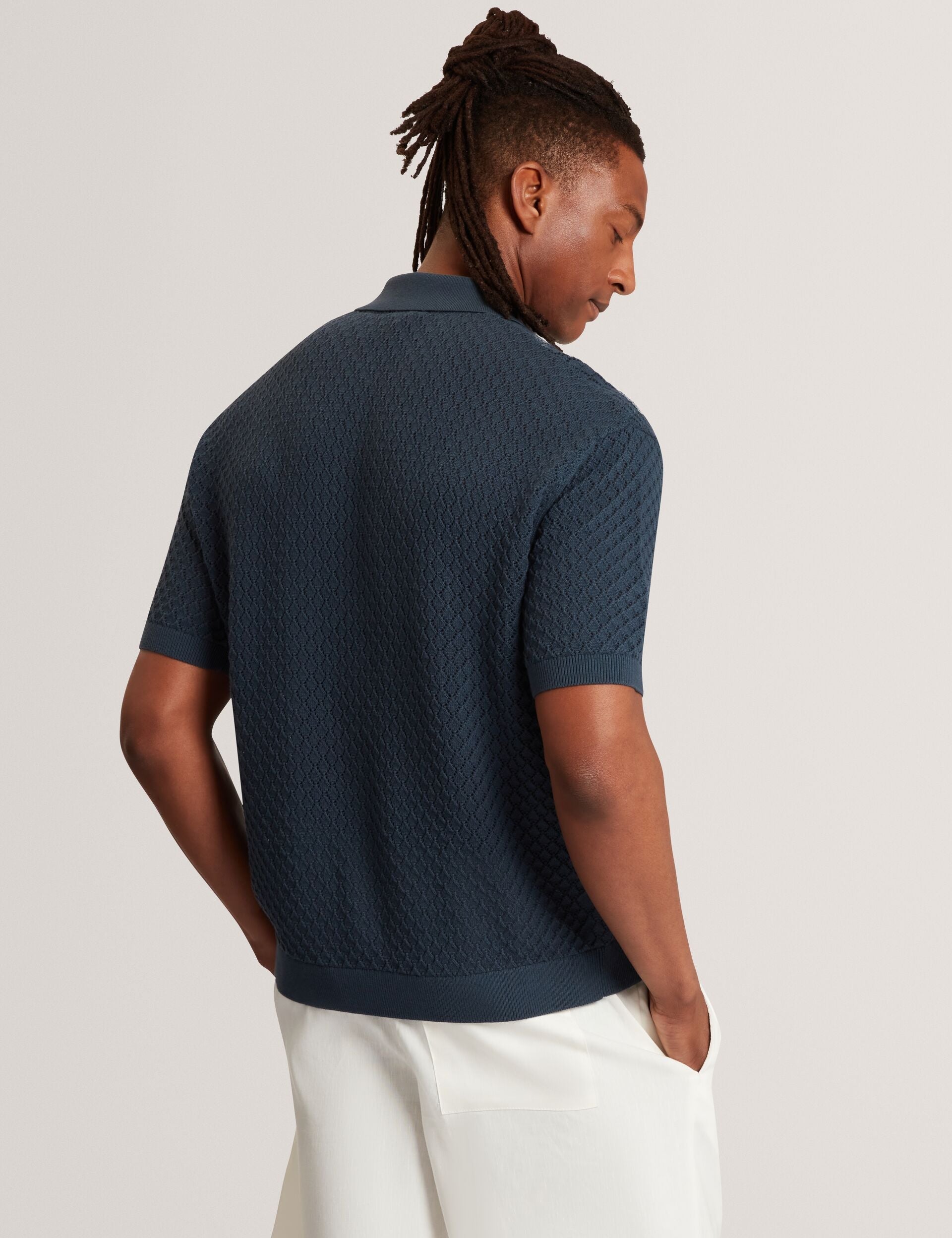 Ted Baker DOMATI Diamond Crochet Knit Short Sleeve Shirt MID NAVY