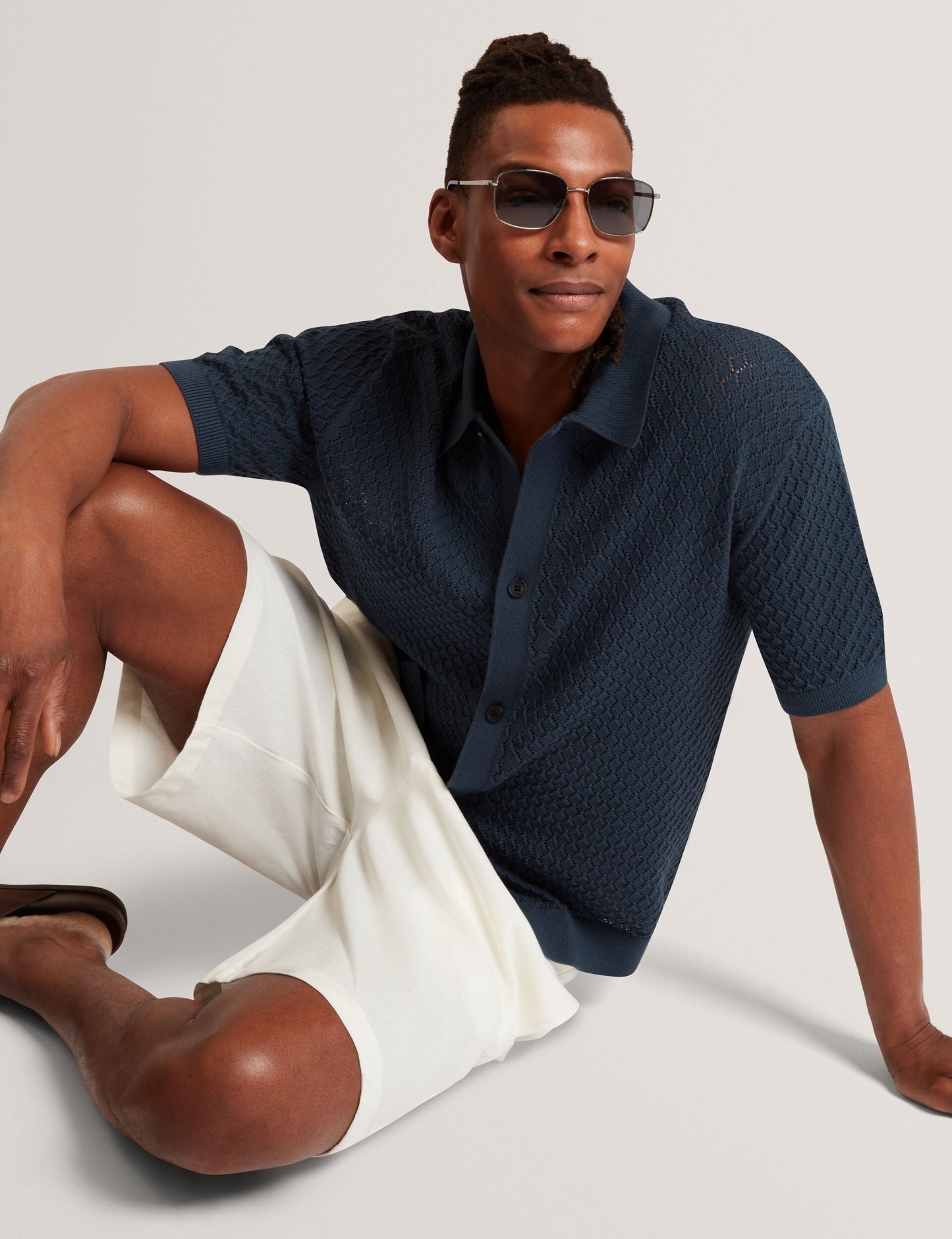 Ted Baker DOMATI Diamond Crochet Knit Short Sleeve Shirt MID NAVY