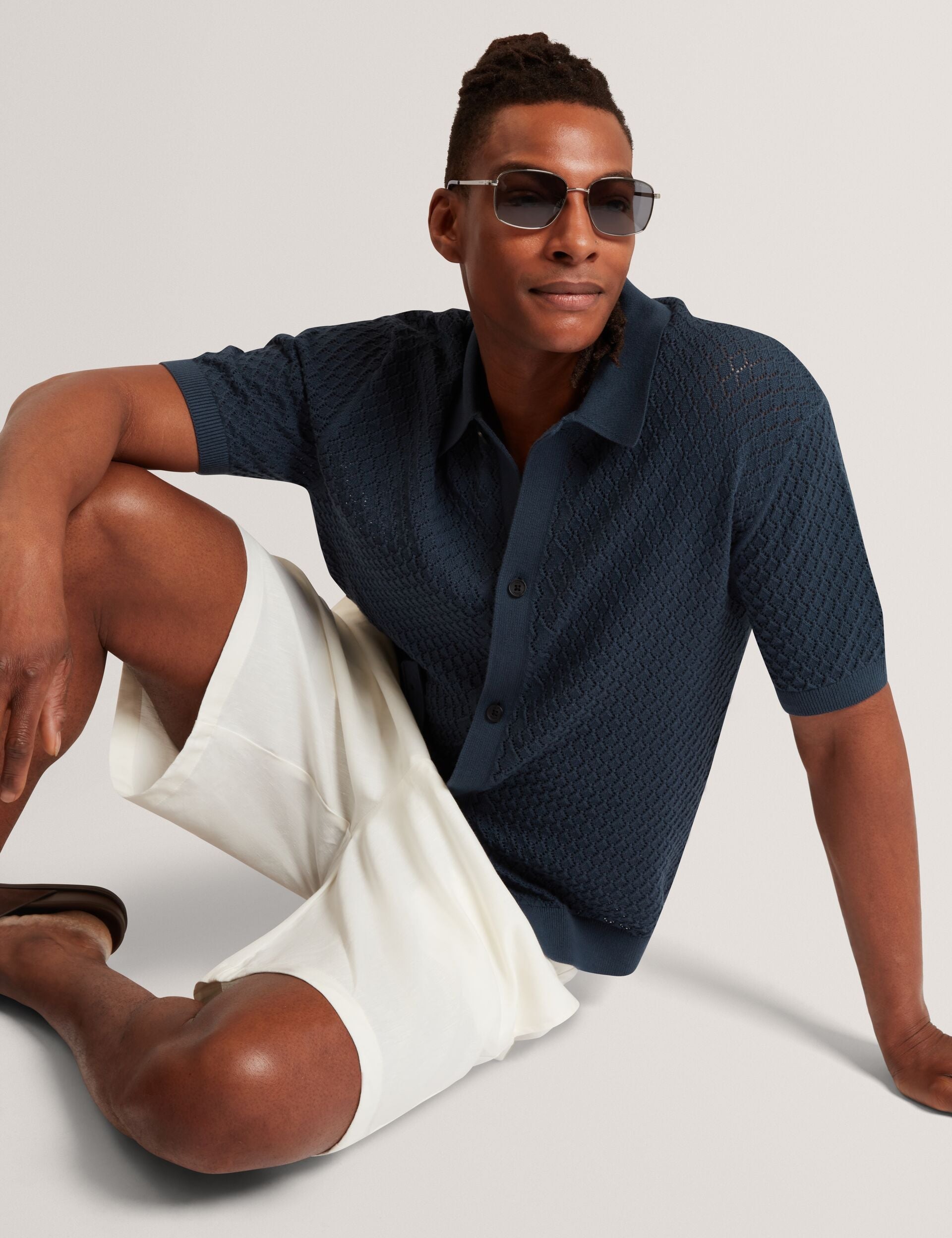 Ted Baker DOMATI Diamond Crochet Knit Short Sleeve Shirt MID NAVY