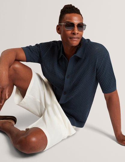 Ted Baker DOMATI Diamond Crochet Knit Short Sleeve Shirt MID NAVY