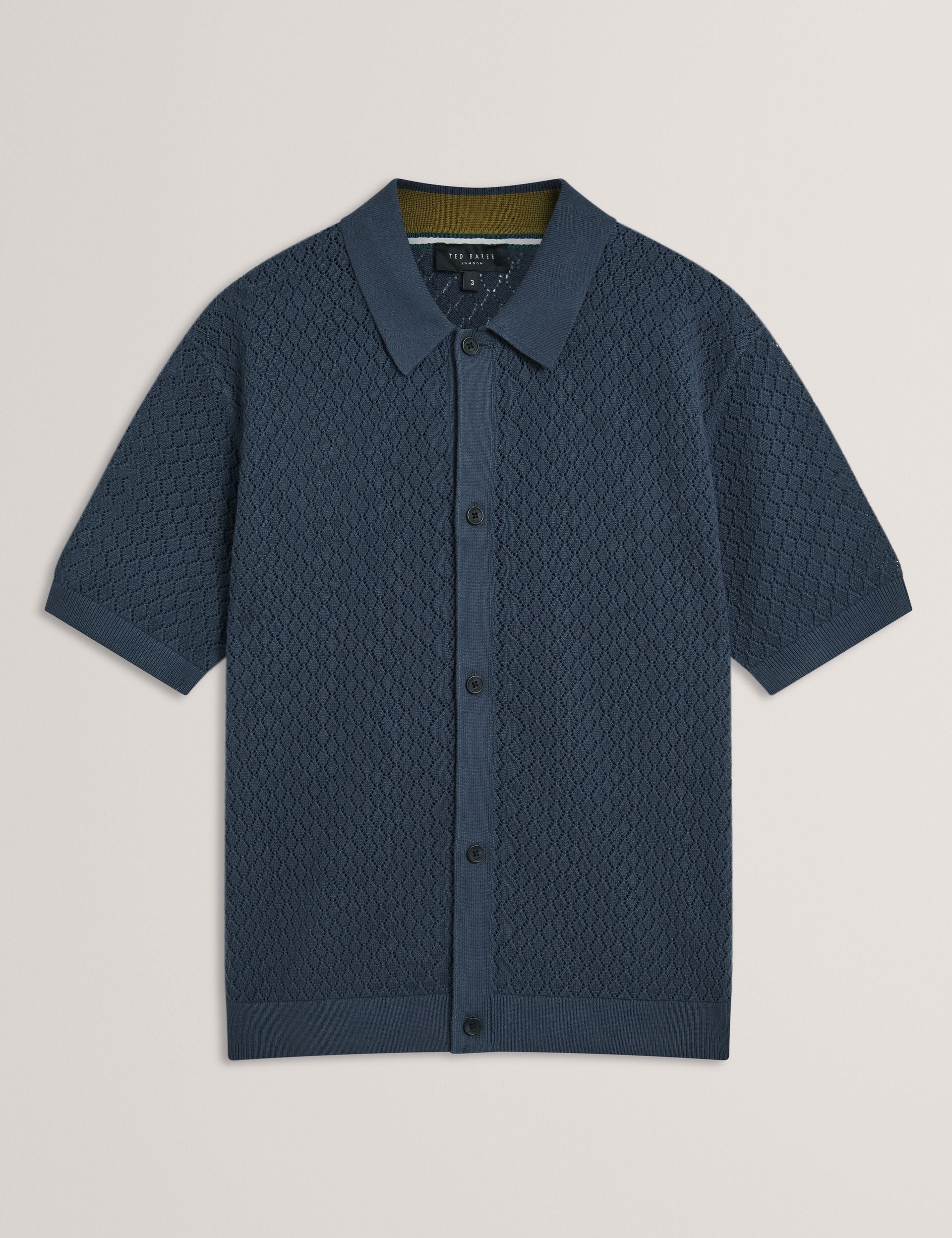 Ted Baker DOMATI Diamond Crochet Knit Short Sleeve Shirt MID NAVY