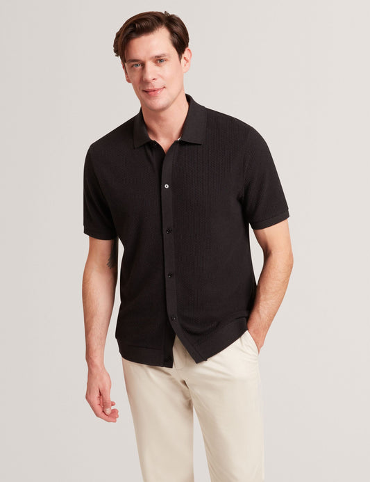 Ted Baker CONNYR Textured Knit Button-Through Polo Shirt BLACK