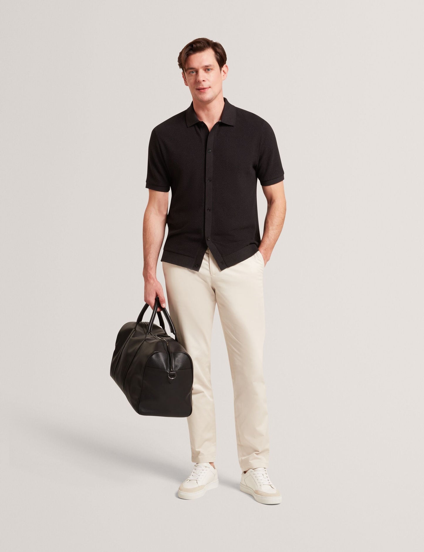 Ted Baker CONNYR Textured Knit Button-Through Polo Shirt BLACK