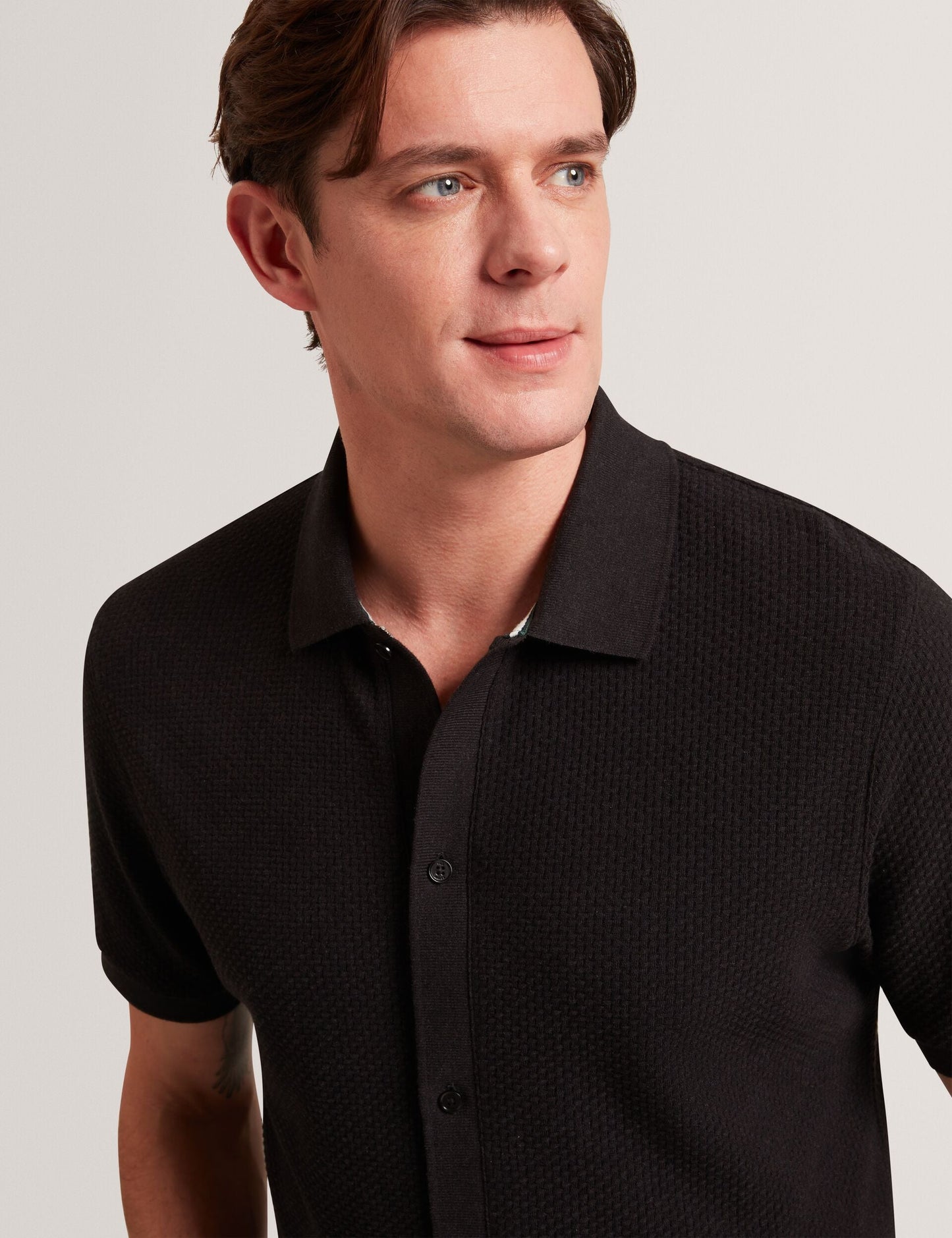 Ted Baker CONNYR Textured Knit Button-Through Polo Shirt BLACK